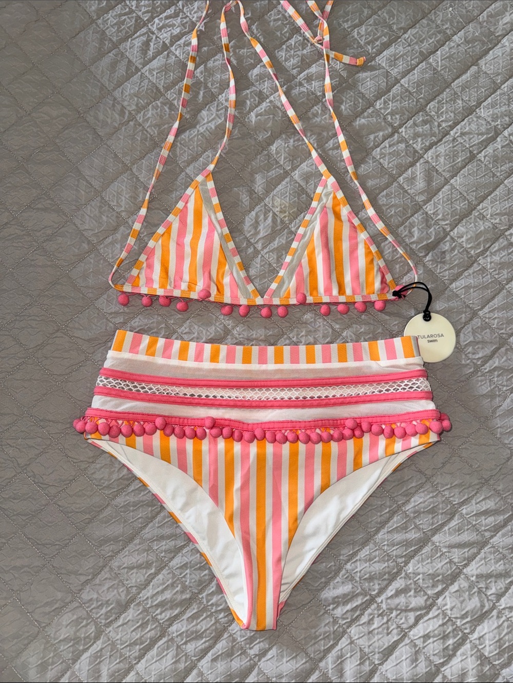Tularosa Pink, Orange & White Striped Pom-Pom Bikini